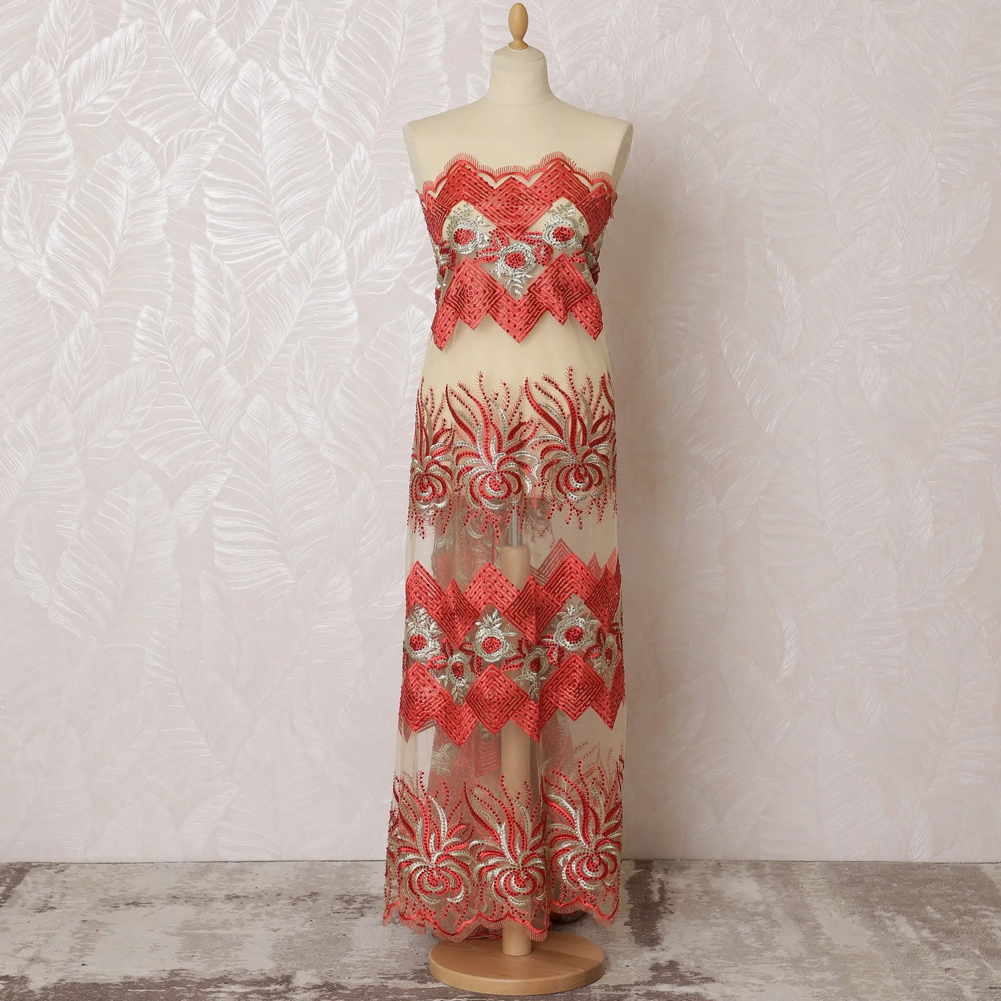 Elegant Red and Cream Embroidered Nylon Tulle Fabric, 140 cm Wide â€“ Ornate Geometric and Floral Design-D19240