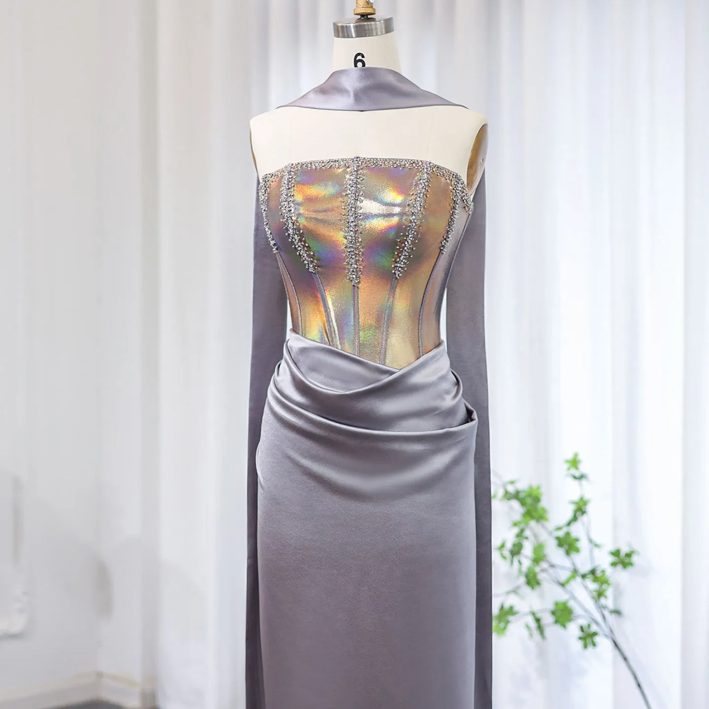 Elegant Strapless Gray Satin Evening Dress with Scarf SS504