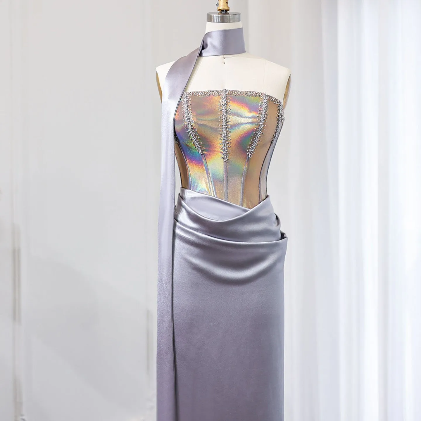 Elegant Strapless Gray Satin Evening Dress with Scarf SS504