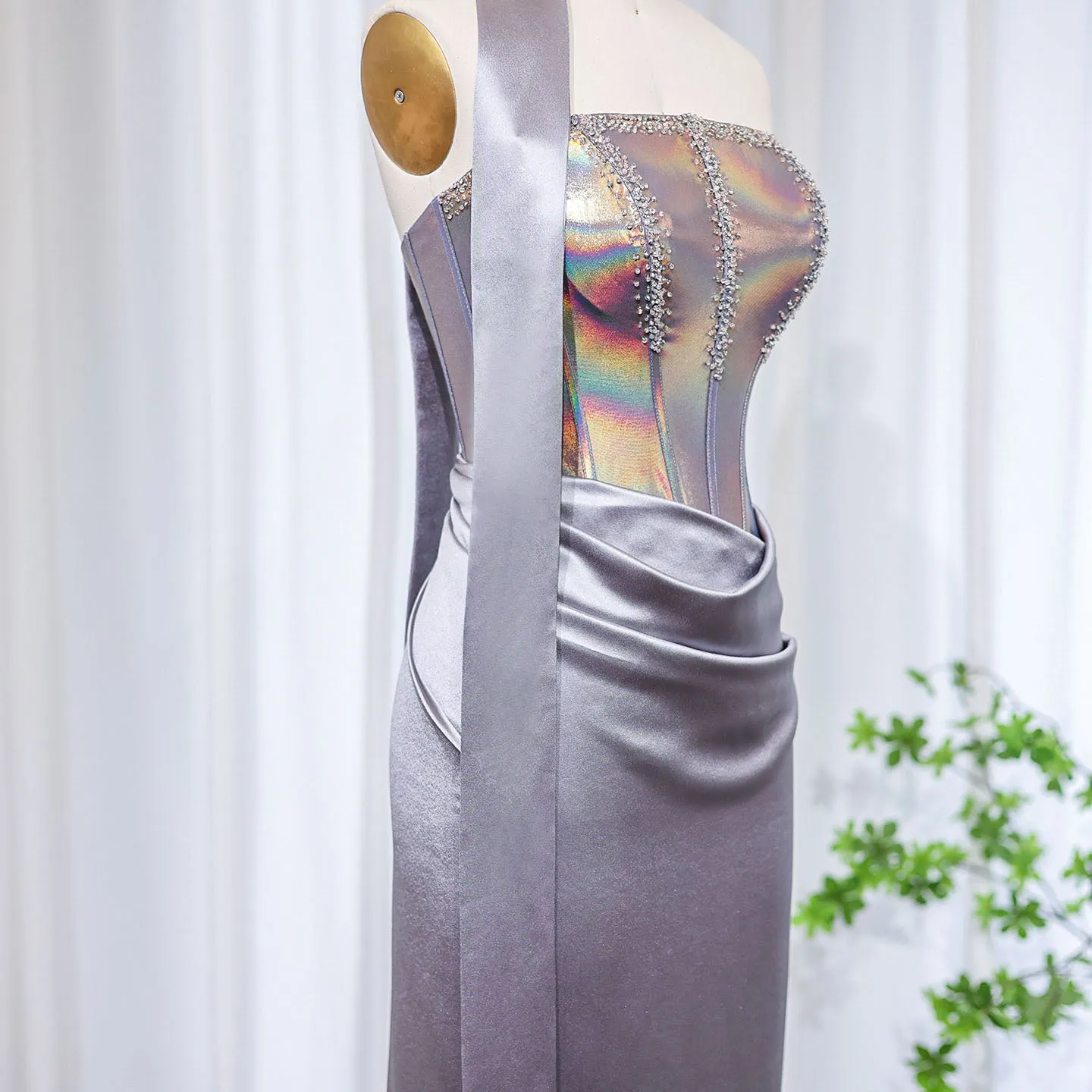 Elegant Strapless Gray Satin Evening Dress with Scarf SS504