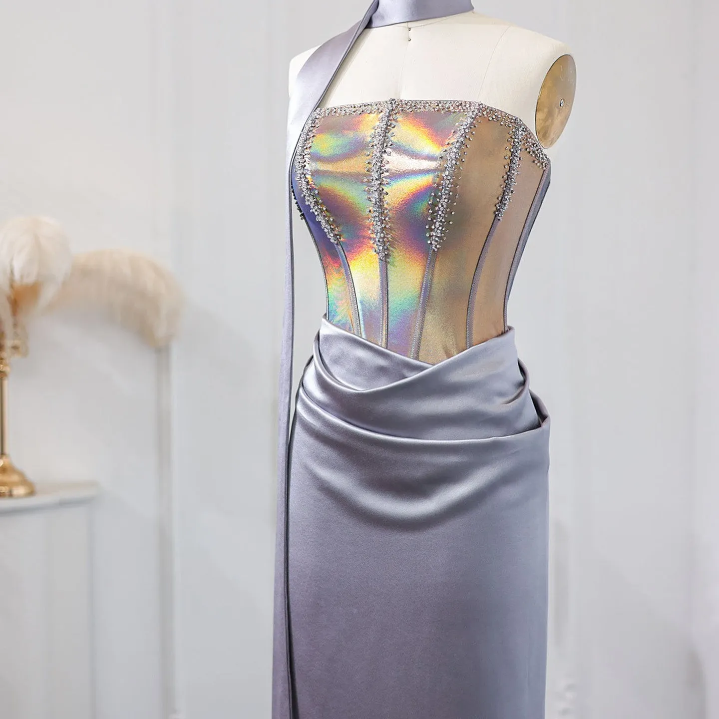 Elegant Strapless Gray Satin Evening Dress with Scarf SS504