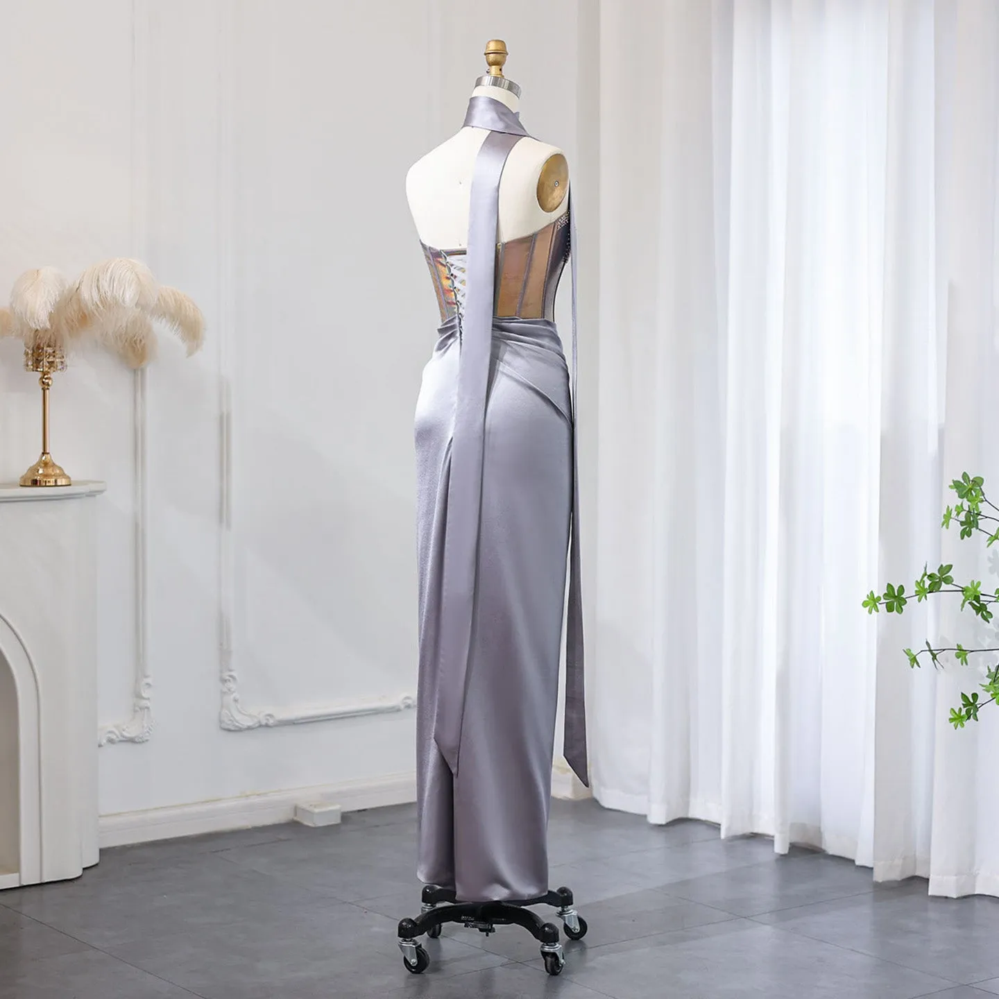 Elegant Strapless Gray Satin Evening Dress with Scarf SS504