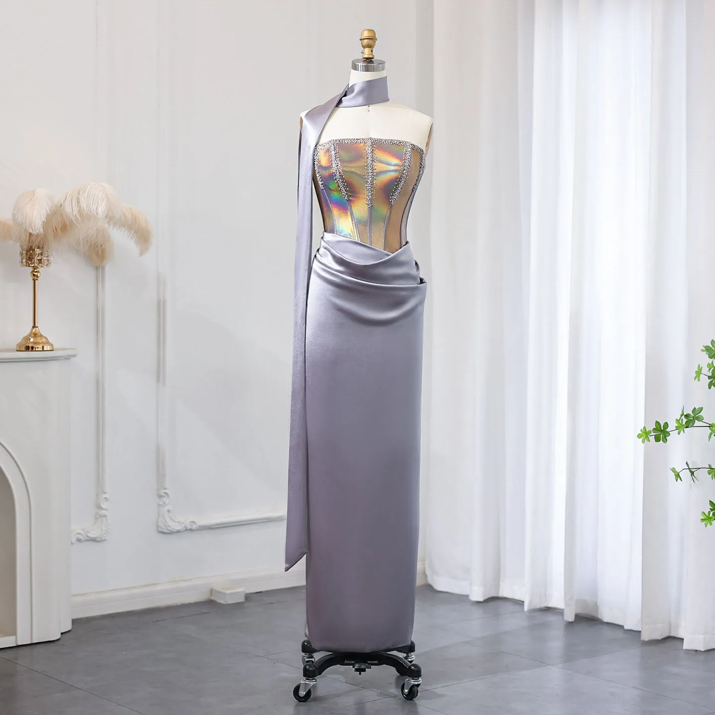 Elegant Strapless Gray Satin Evening Dress with Scarf SS504
