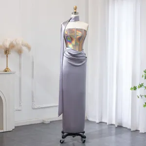 Elegant Strapless Gray Satin Evening Dress with Scarf SS504