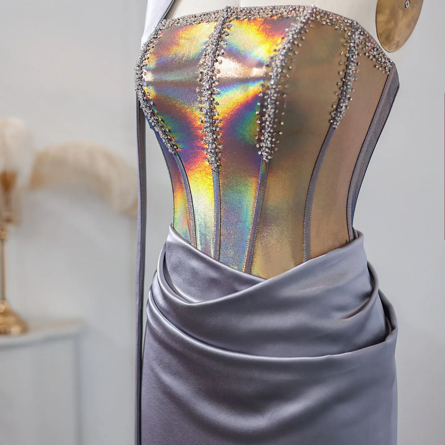 Elegant Strapless Gray Satin Evening Dress with Scarf SS504