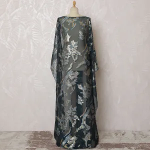 Elegant Teal Floral French (Fransawi) Somali Dirac Silk Chiffon Fabric with Metallic Lurex, 140 cm Width-D19684