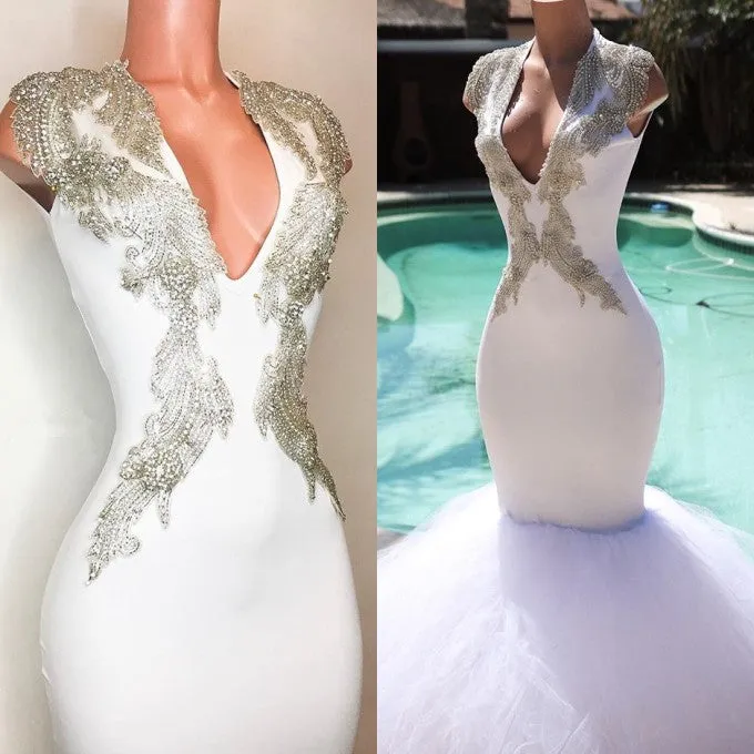 Elegant V-Neck Sleeveless White Prom Dresses | Mermaid Tulle Beadings Evening Gowns BC1584