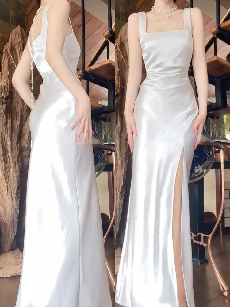 Elegant White Sheath Long Prom Dress Slit Wedding Dress J3663