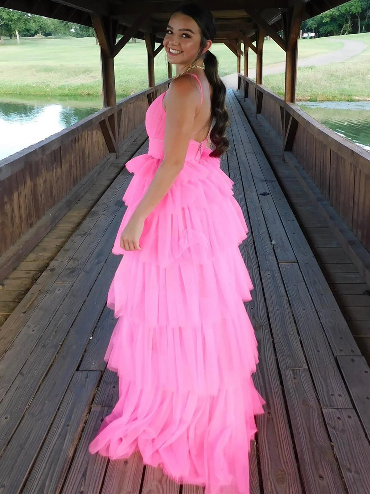 Fashion Open Back Layered Pink Long Prom Dresses, Pink Formal Graduation Evening Dresses