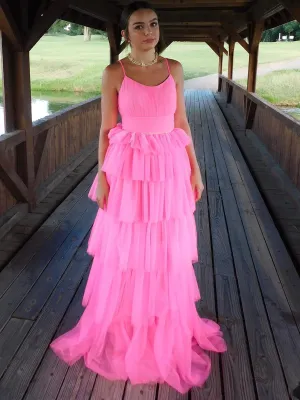 Fashion Open Back Layered Pink Long Prom Dresses, Pink Formal Graduation Evening Dresses