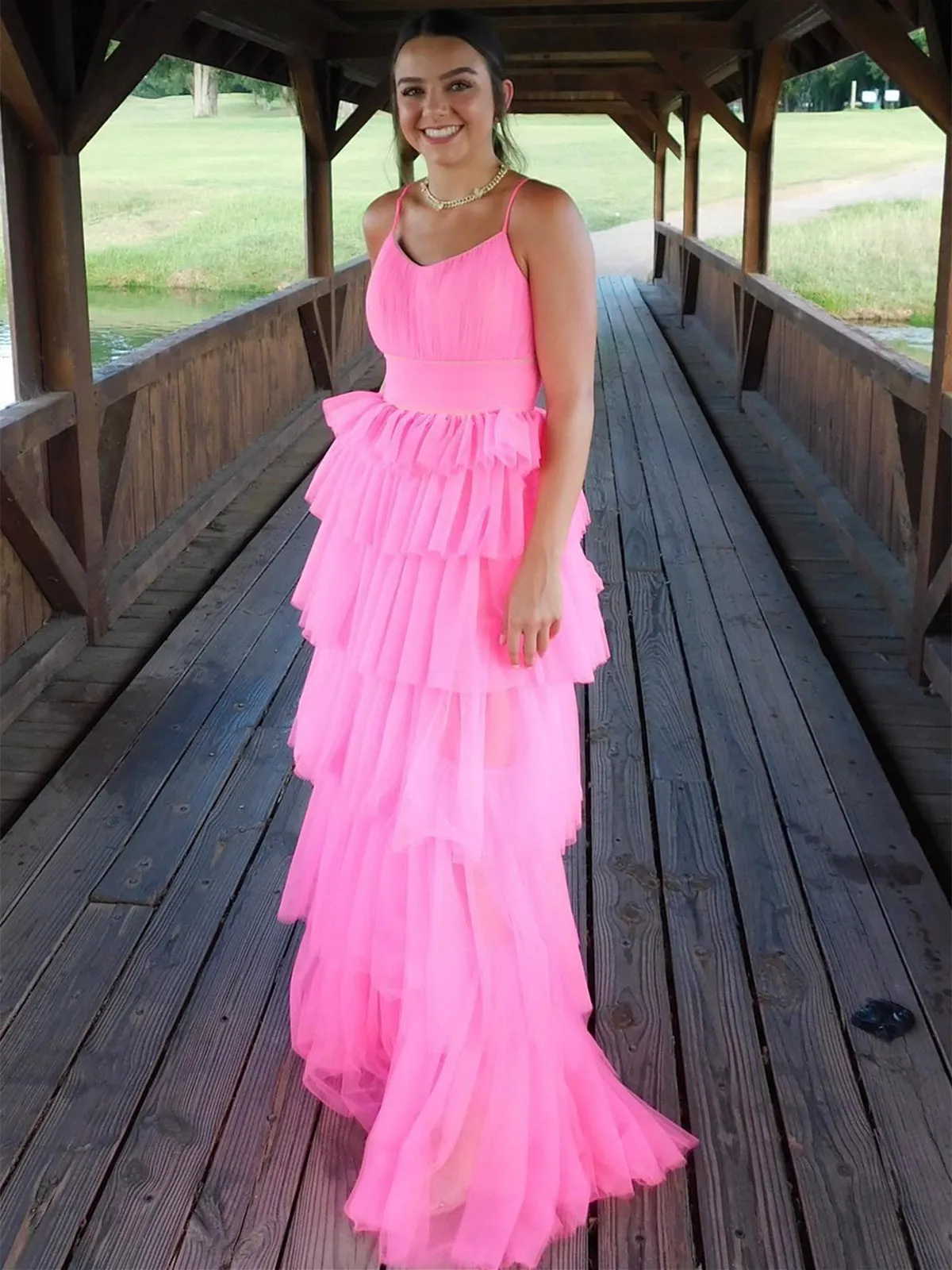 Fashion Open Back Layered Pink Long Prom Dresses, Pink Formal Graduation Evening Dresses