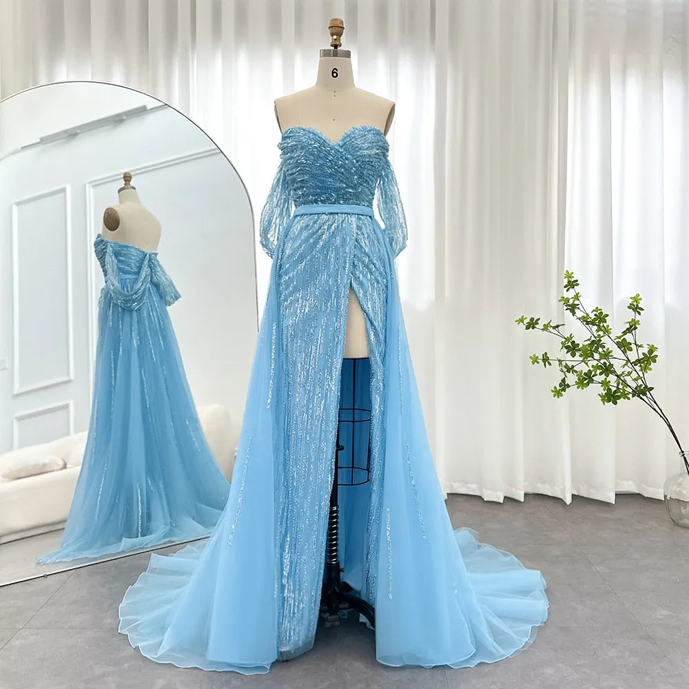 For Sale Blue Off-shoulder Slit Evening Dress with Overskirt SS257
