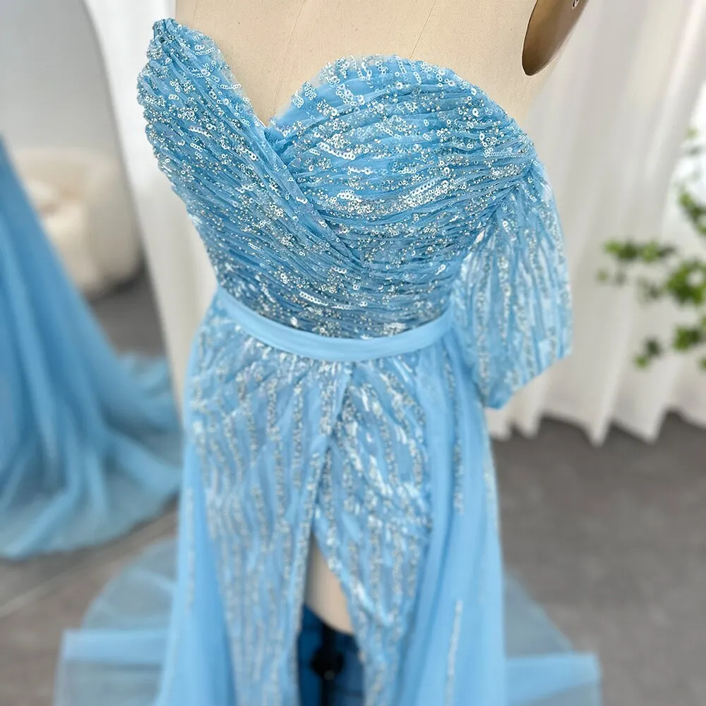 For Sale Blue Off-shoulder Slit Evening Dress with Overskirt SS257