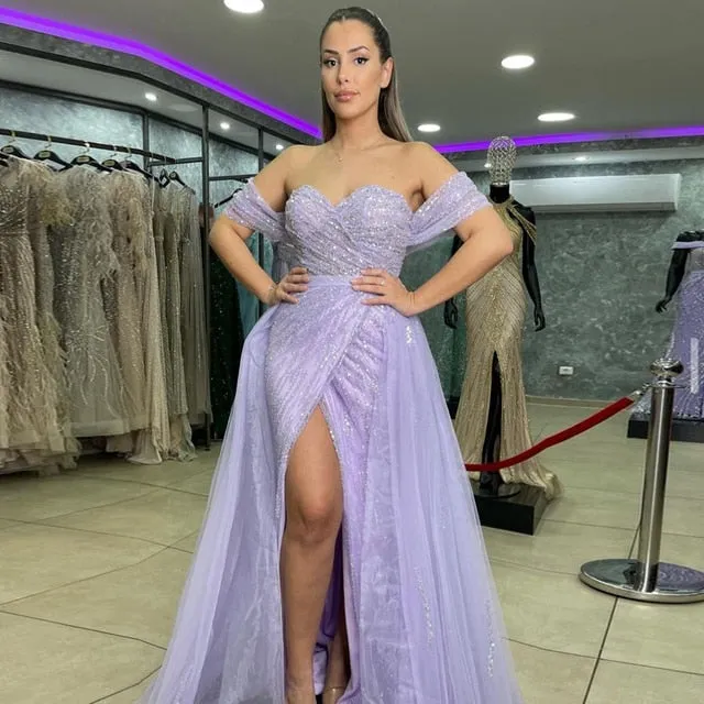 For Sale Blue Off-shoulder Slit Evening Dress with Overskirt SS257