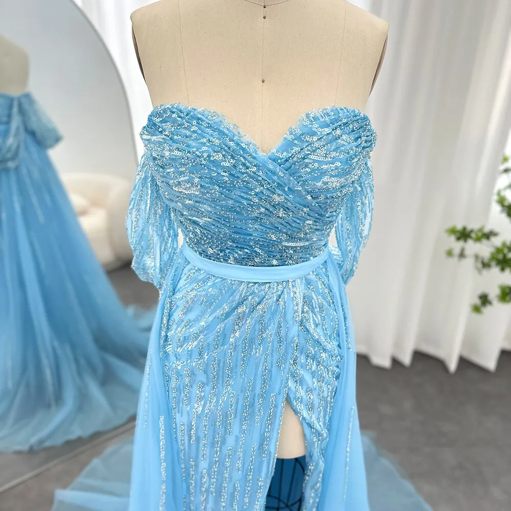 For Sale Blue Off-shoulder Slit Evening Dress with Overskirt SS257