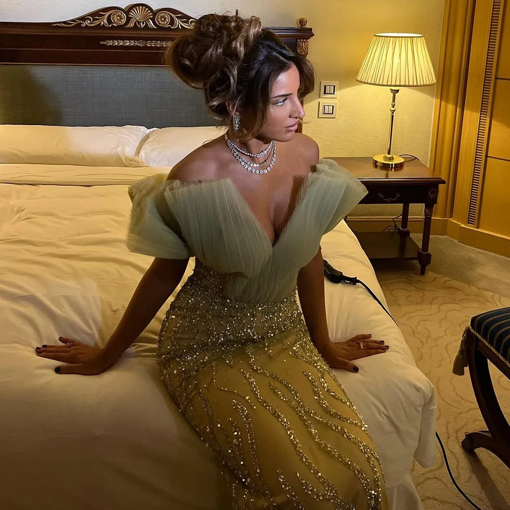 For Sale Olive Green Off Shoulder Evening Dress SS377