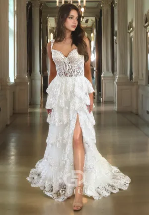G2380 - A-Line Lace Straps Sheer Prom Evening Dress With Slit