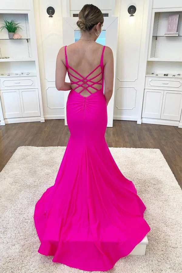 Hot Pink Mermaid V Neck Satin Long Prom Dresses Mermaid Evening Dresses