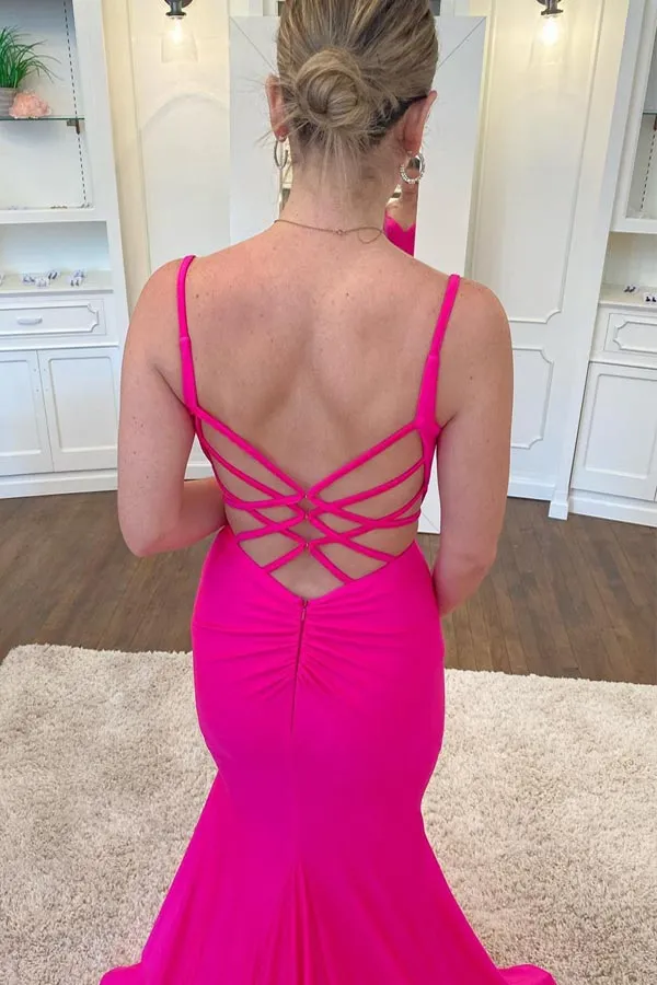 Hot Pink Mermaid V Neck Satin Long Prom Dresses Mermaid Evening Dresses