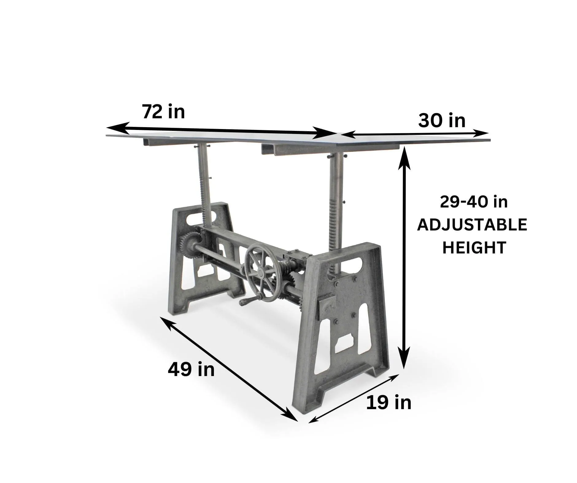 Industrial Writing Table Desk - Adjustable Height Iron Base - Glass Top