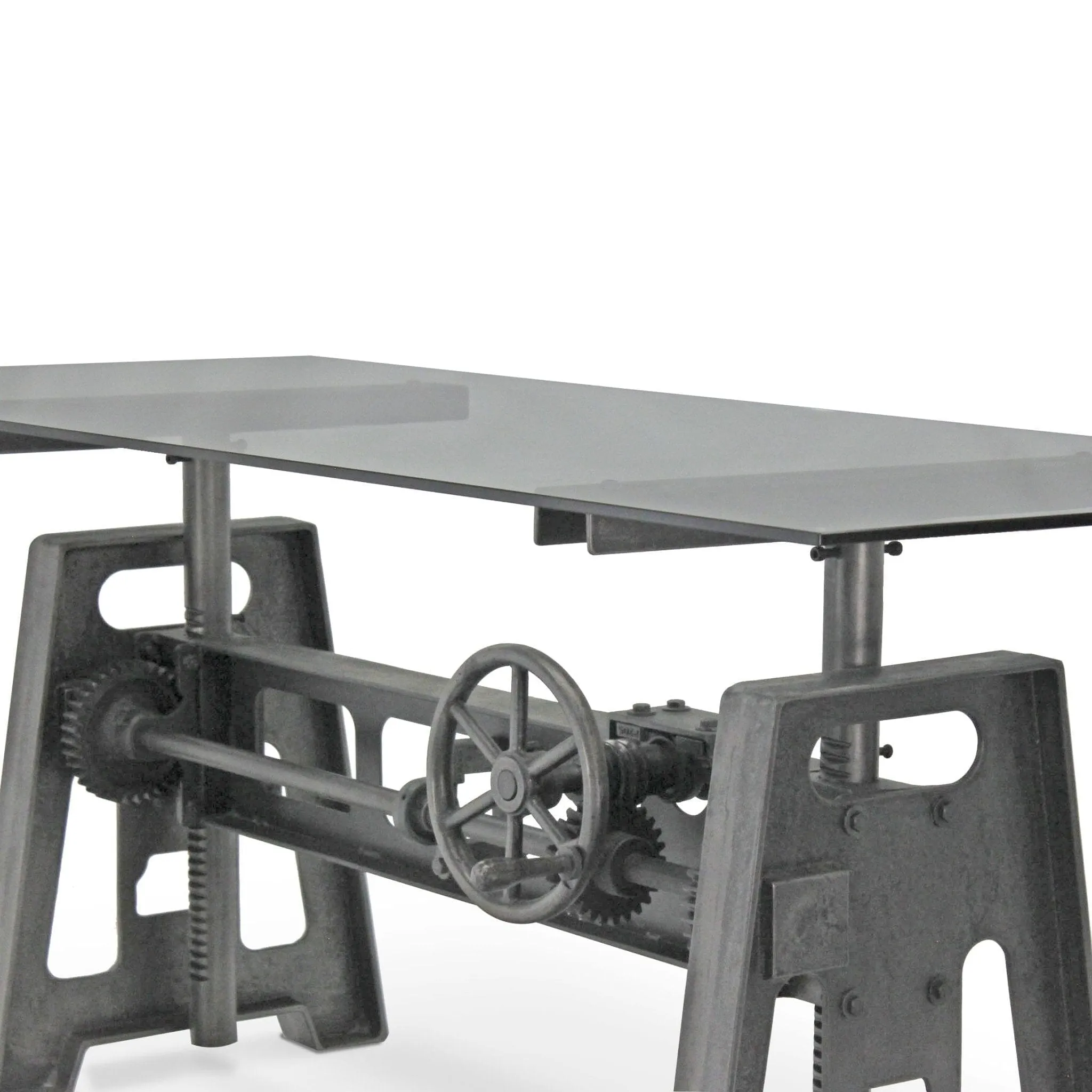 Industrial Writing Table Desk - Adjustable Height Iron Base - Glass Top