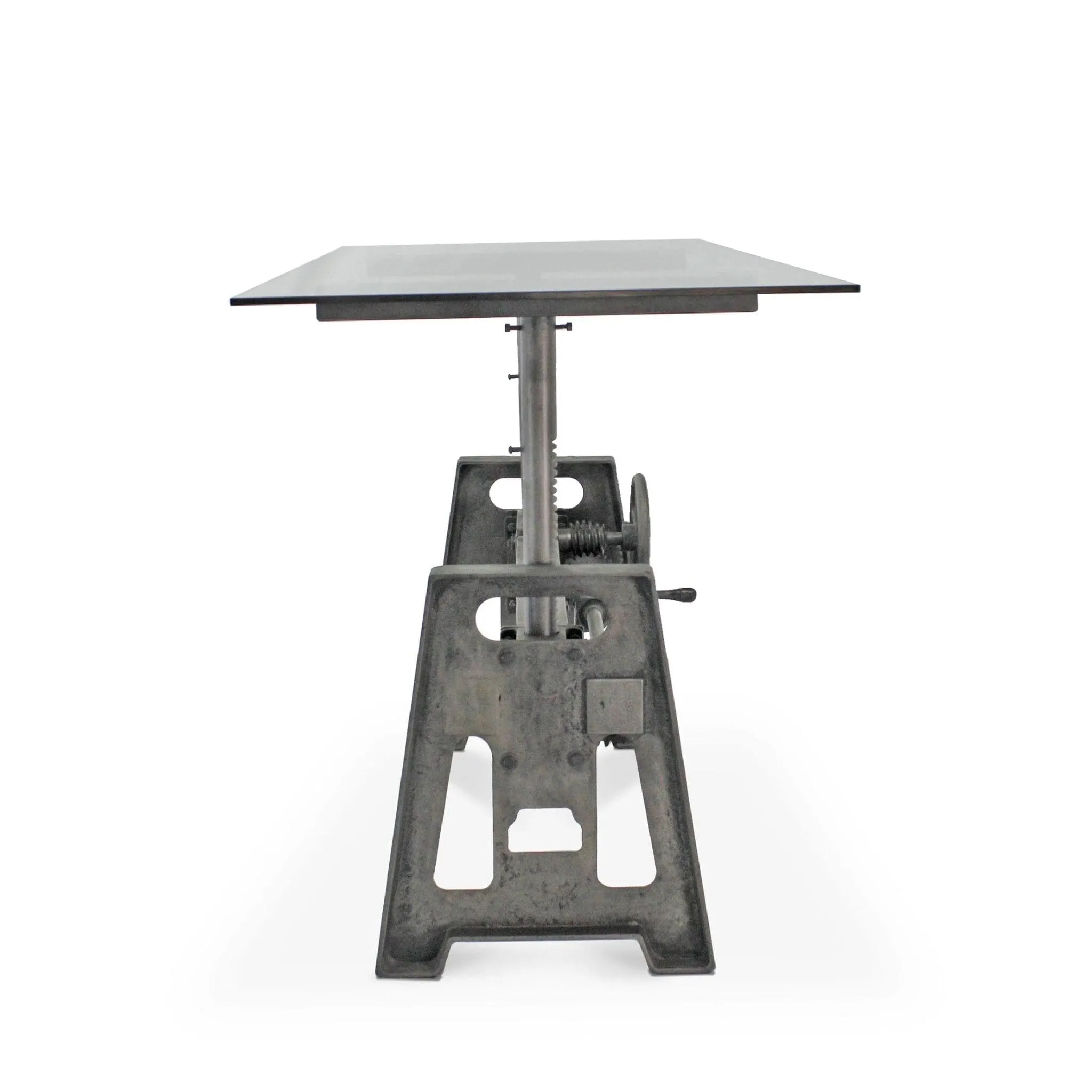 Industrial Writing Table Desk - Adjustable Height Iron Base - Glass Top