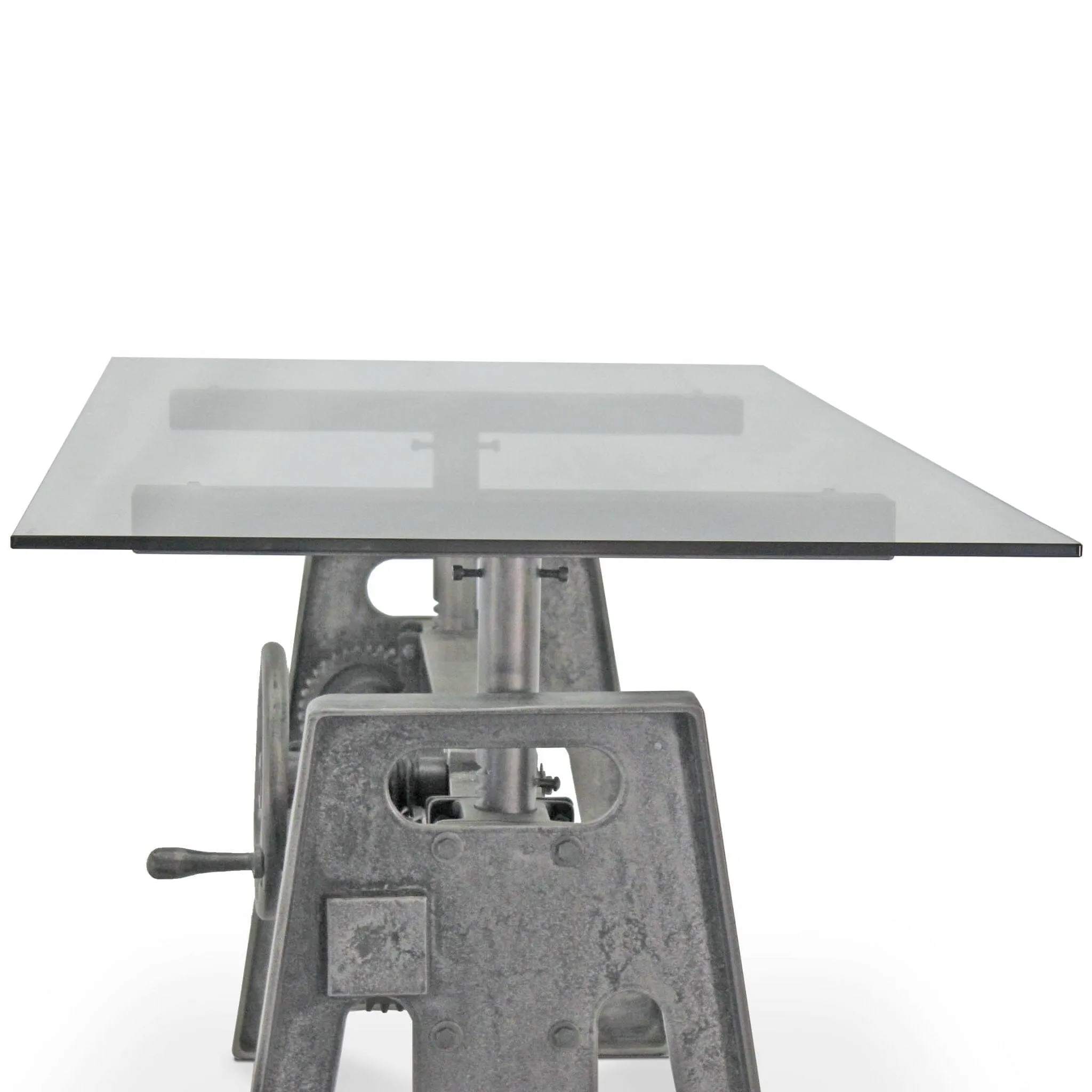 Industrial Writing Table Desk - Adjustable Height Iron Base - Glass Top