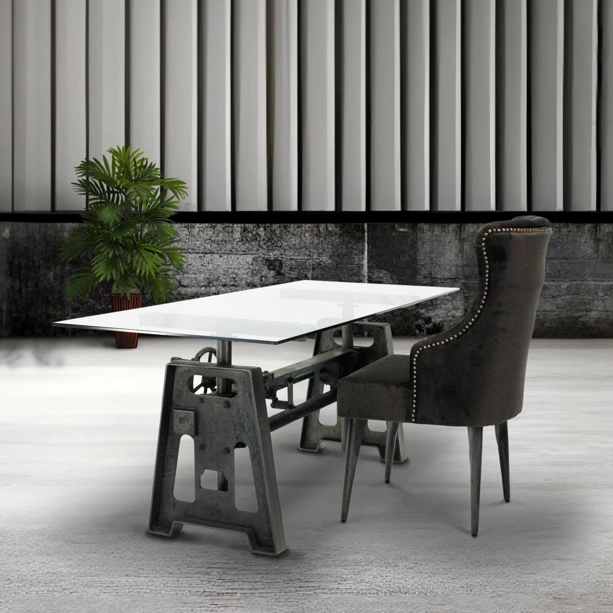 Industrial Writing Table Desk - Adjustable Height Iron Base - Glass Top