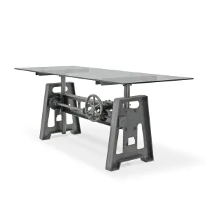 Industrial Writing Table Desk - Adjustable Height Iron Base - Glass Top