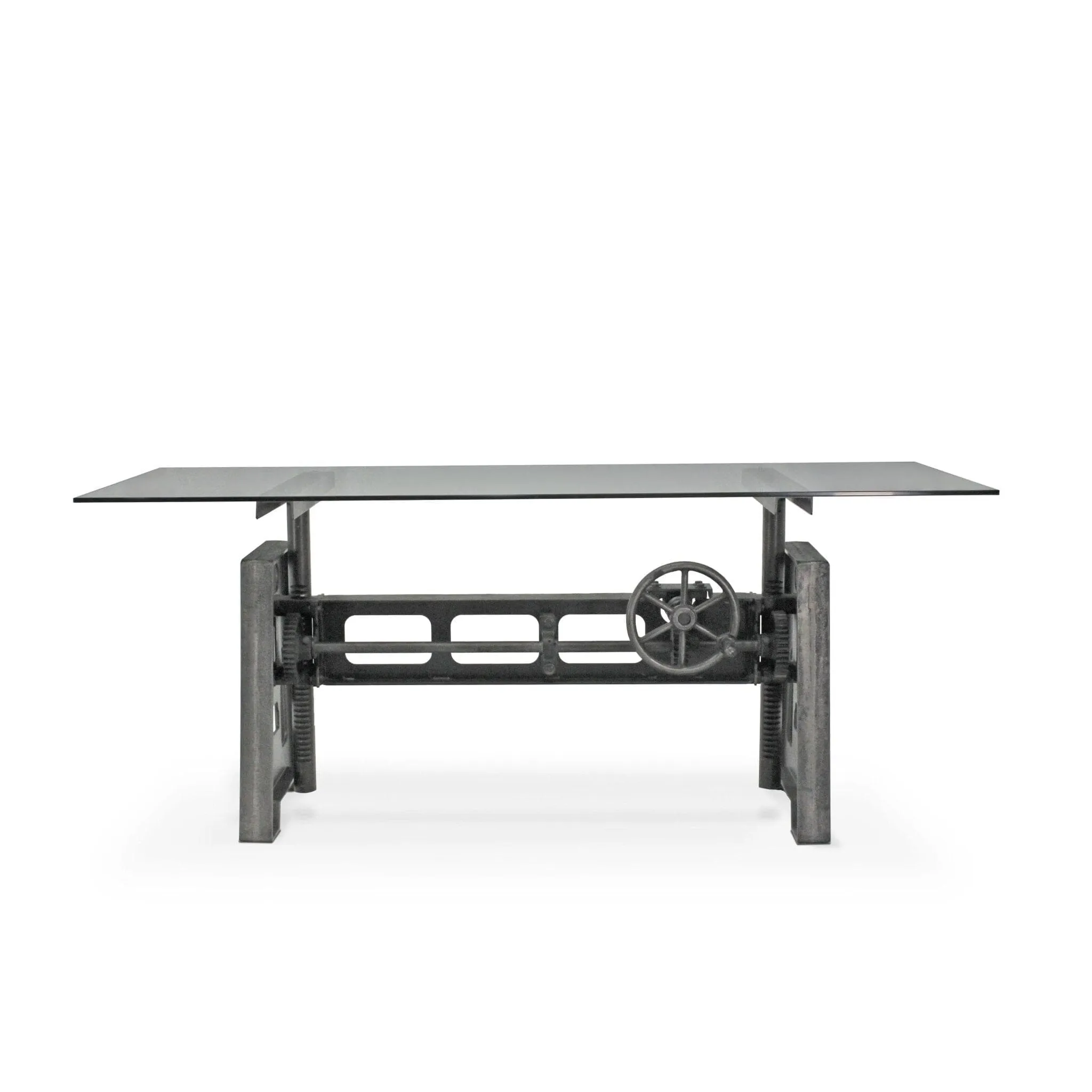 Industrial Writing Table Desk - Adjustable Height Iron Base - Glass Top