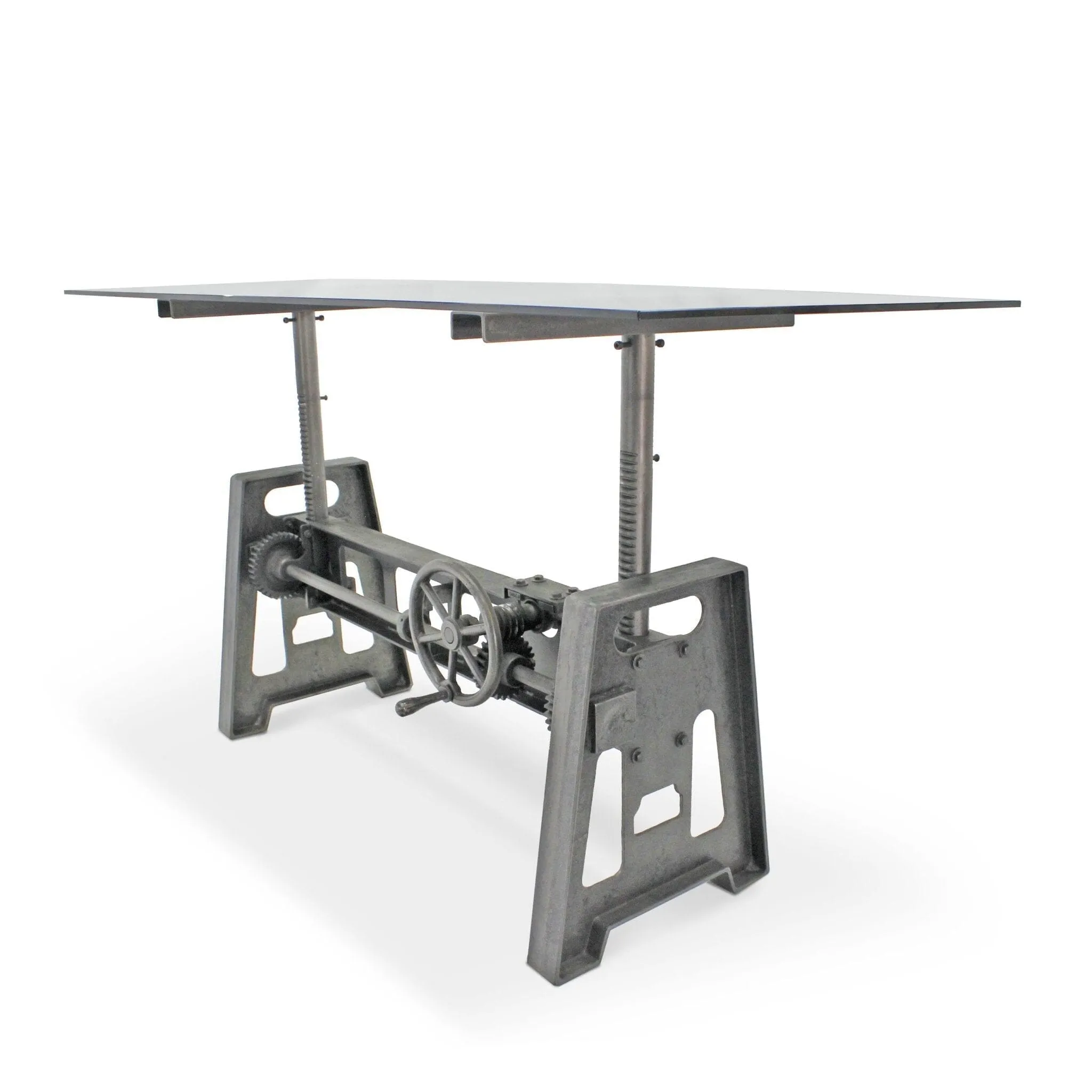 Industrial Writing Table Desk - Adjustable Height Iron Base - Glass Top