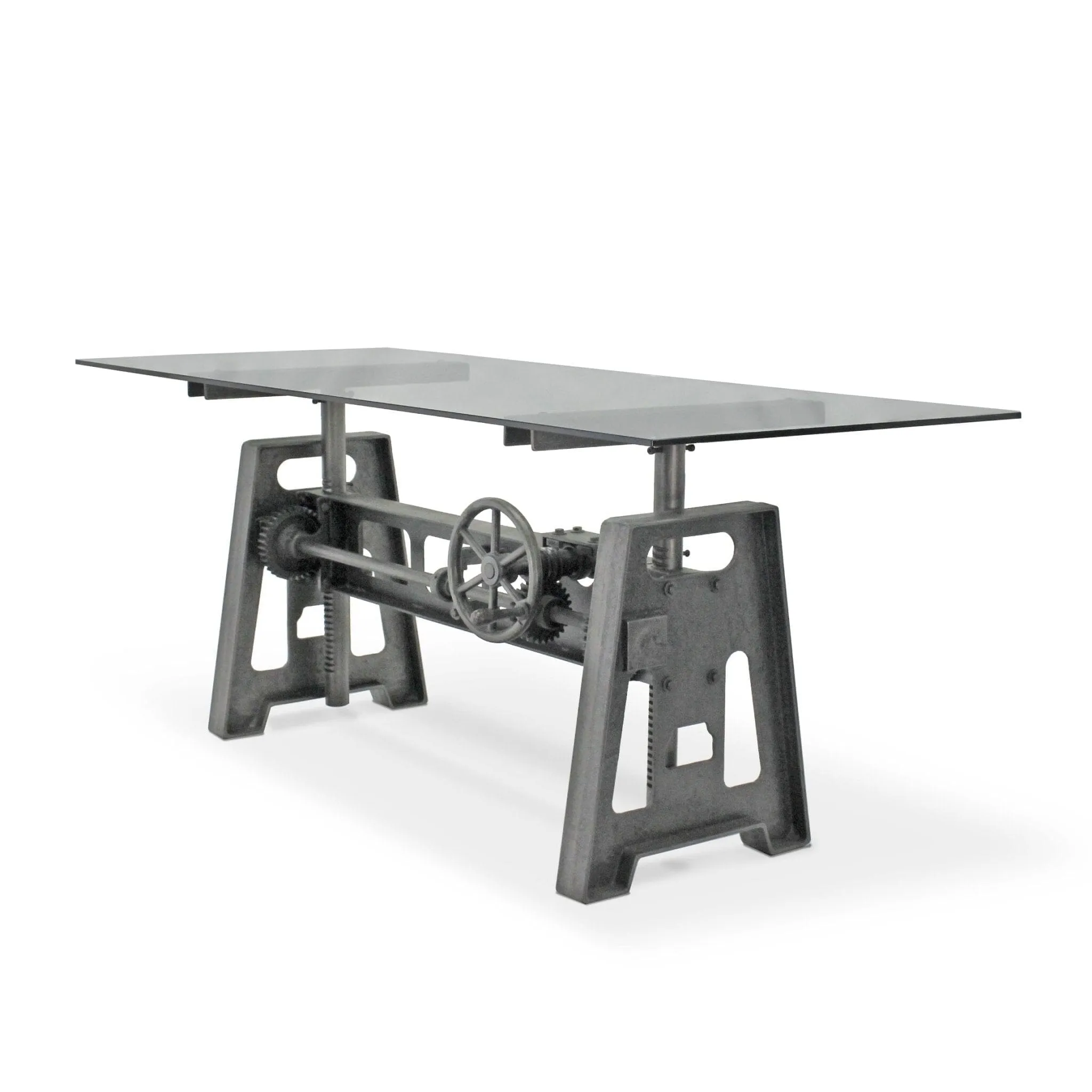 Industrial Writing Table Desk - Adjustable Height Iron Base - Glass Top