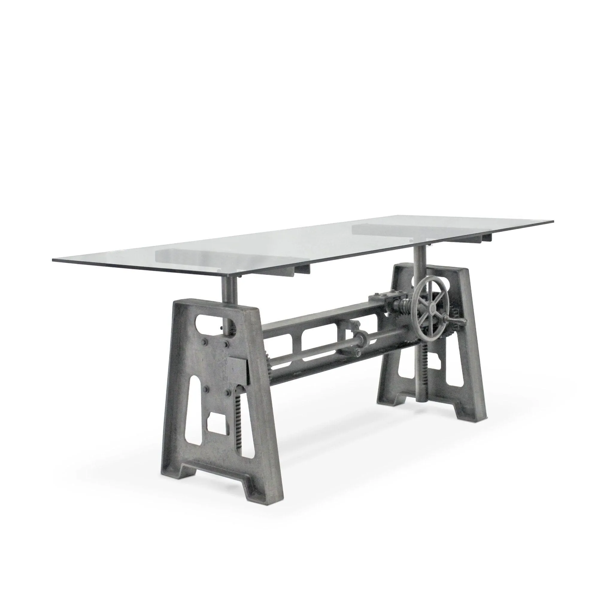 Industrial Writing Table Desk - Adjustable Height Iron Base - Glass Top