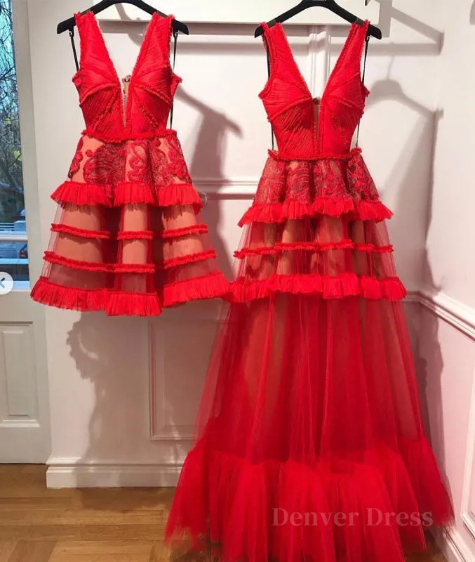 kamahe Red v neck tulle long prom dress, red tulle evening dress