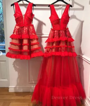 kamahe Red v neck tulle long prom dress, red tulle evening dress