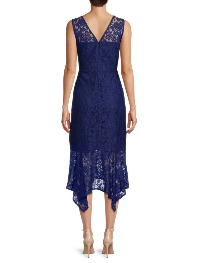Kensie Asymmetrical Lace Sheath Dress, Navy