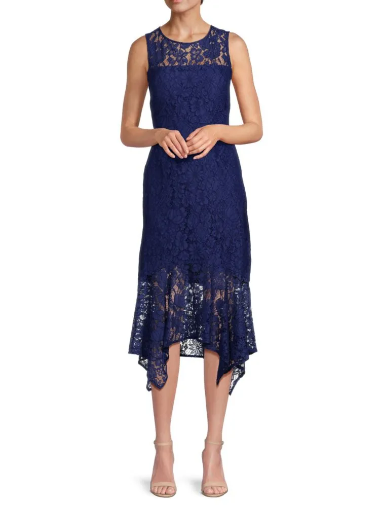 Kensie Asymmetrical Lace Sheath Dress, Navy