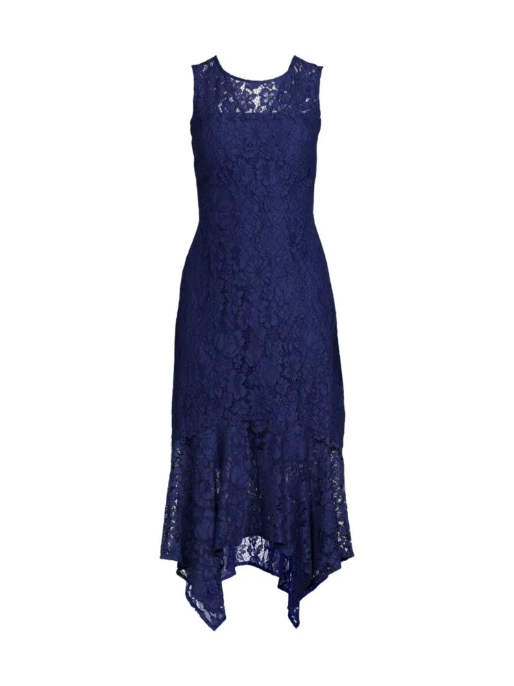 Kensie Asymmetrical Lace Sheath Dress, Navy