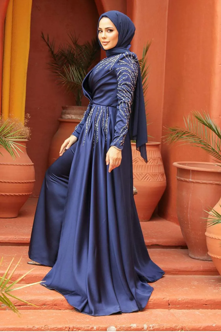 Lara Long Maxi Evening Dress Abaya - Blue