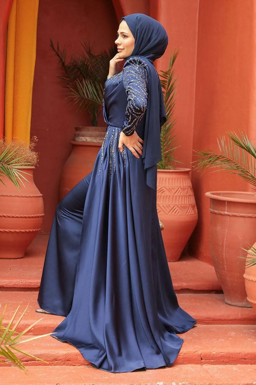 Lara Long Maxi Evening Dress Abaya - Blue