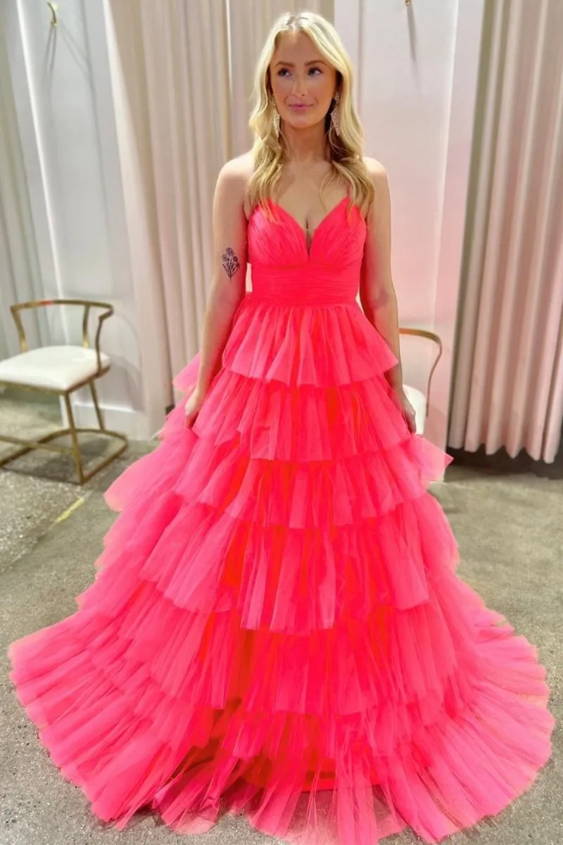 Lavender V-Neck Ruffle Tiered Long Prom Gown