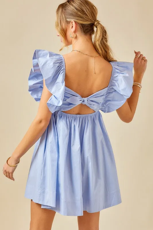 Light Blue Ruffle Detail Tie Back Poplin Dress