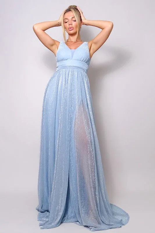 Light Blue Sleeveless Deep V Glitter Ice Queen Maxi Dress