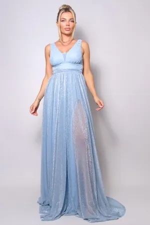 Light Blue Sleeveless Deep V Glitter Ice Queen Maxi Dress