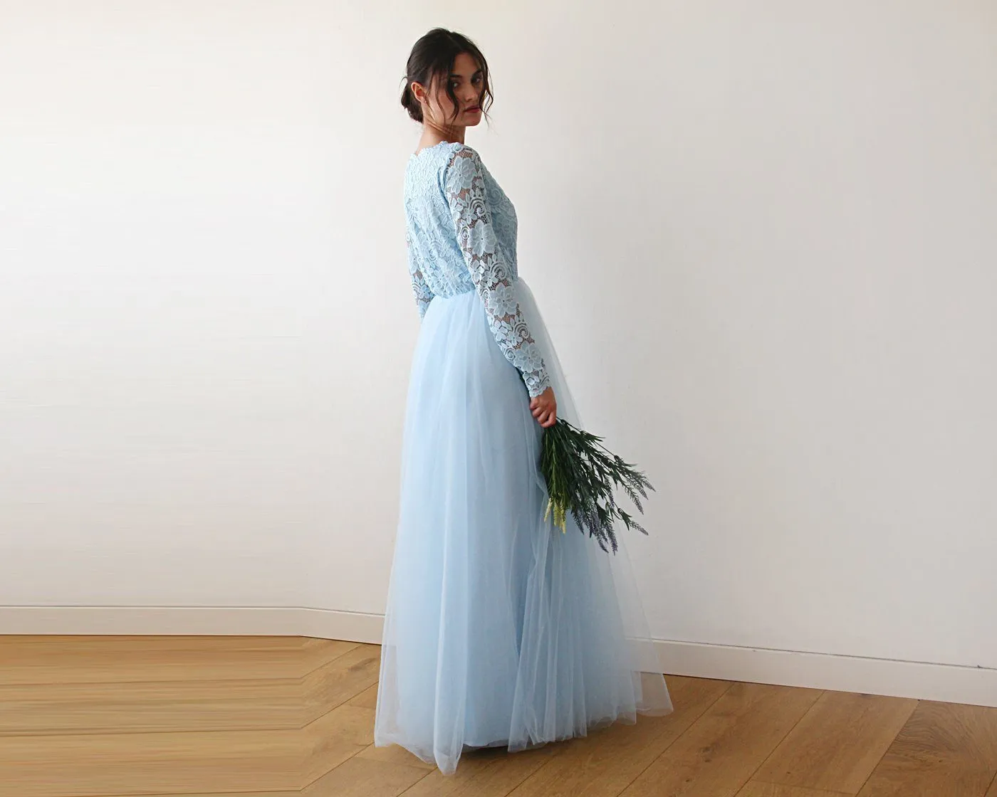 Light Blue Tulle and Lace Long Sleeve Wedding Maxi Dress 1125