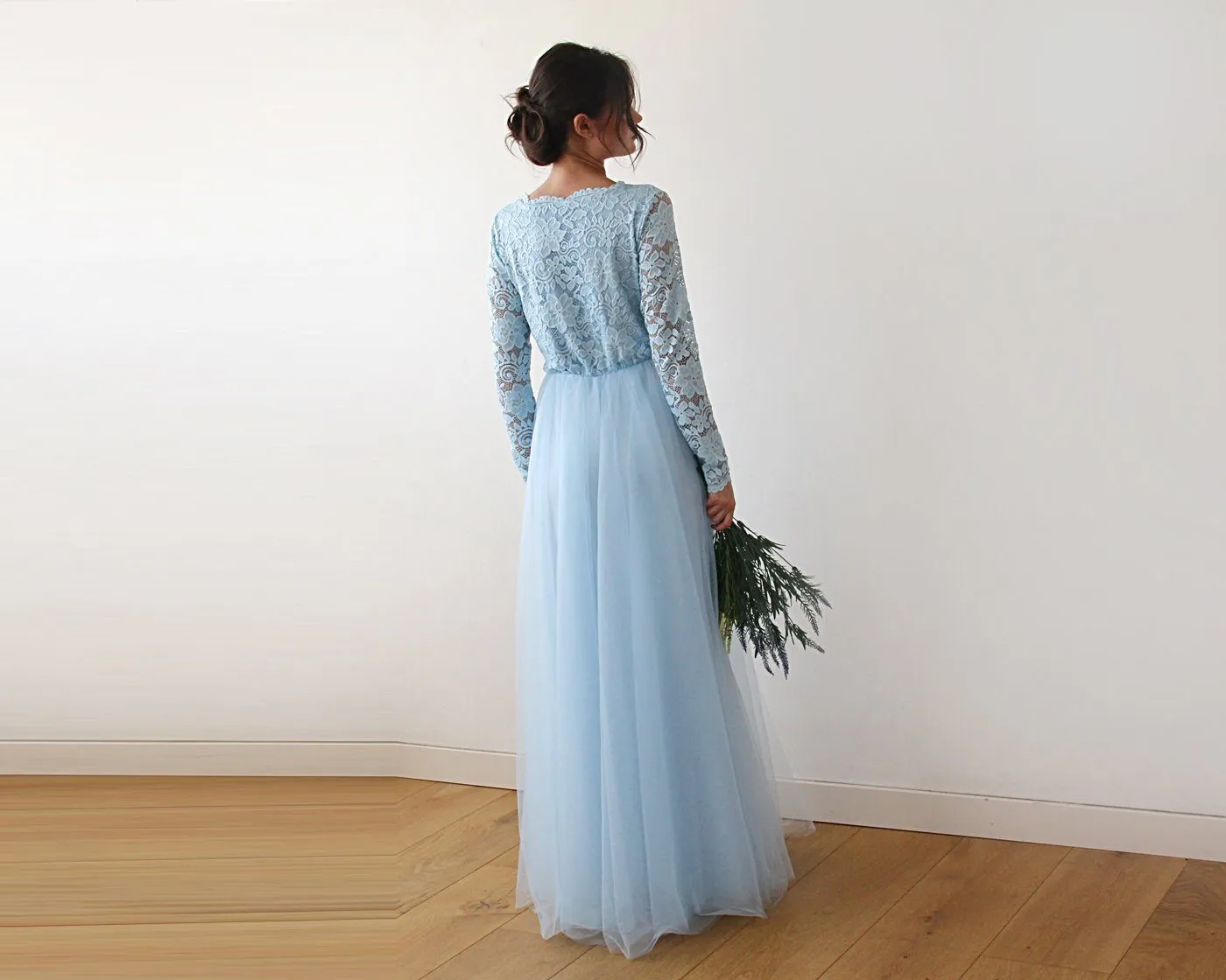 Light Blue Tulle and Lace Long Sleeve Wedding Maxi Dress 1125