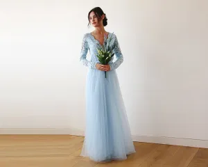 Light Blue Tulle and Lace Long Sleeve Wedding Maxi Dress 1125