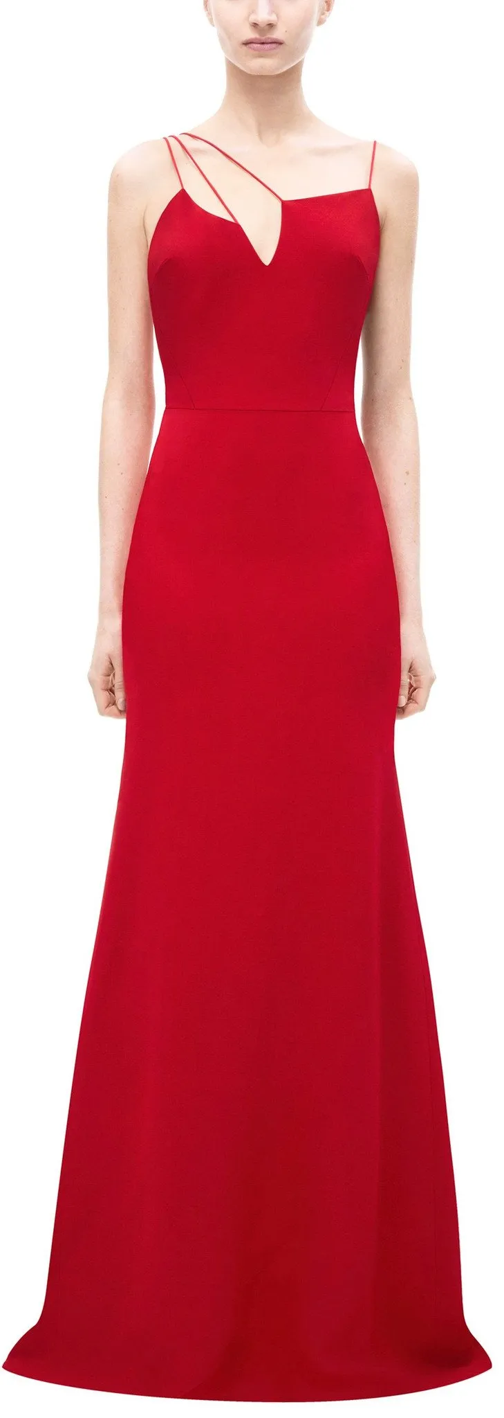 Long Asymmetrical-Strap Evening Dress in Red