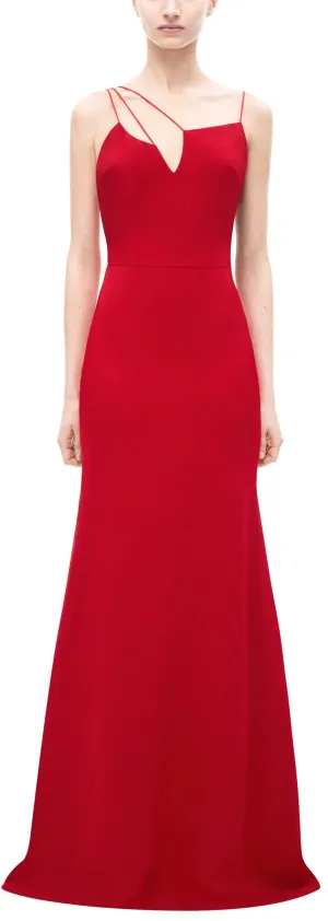 Long Asymmetrical-Strap Evening Dress in Red