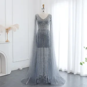 Luxury Beaded Blue Evening Dress with Cape Sleeves SS251